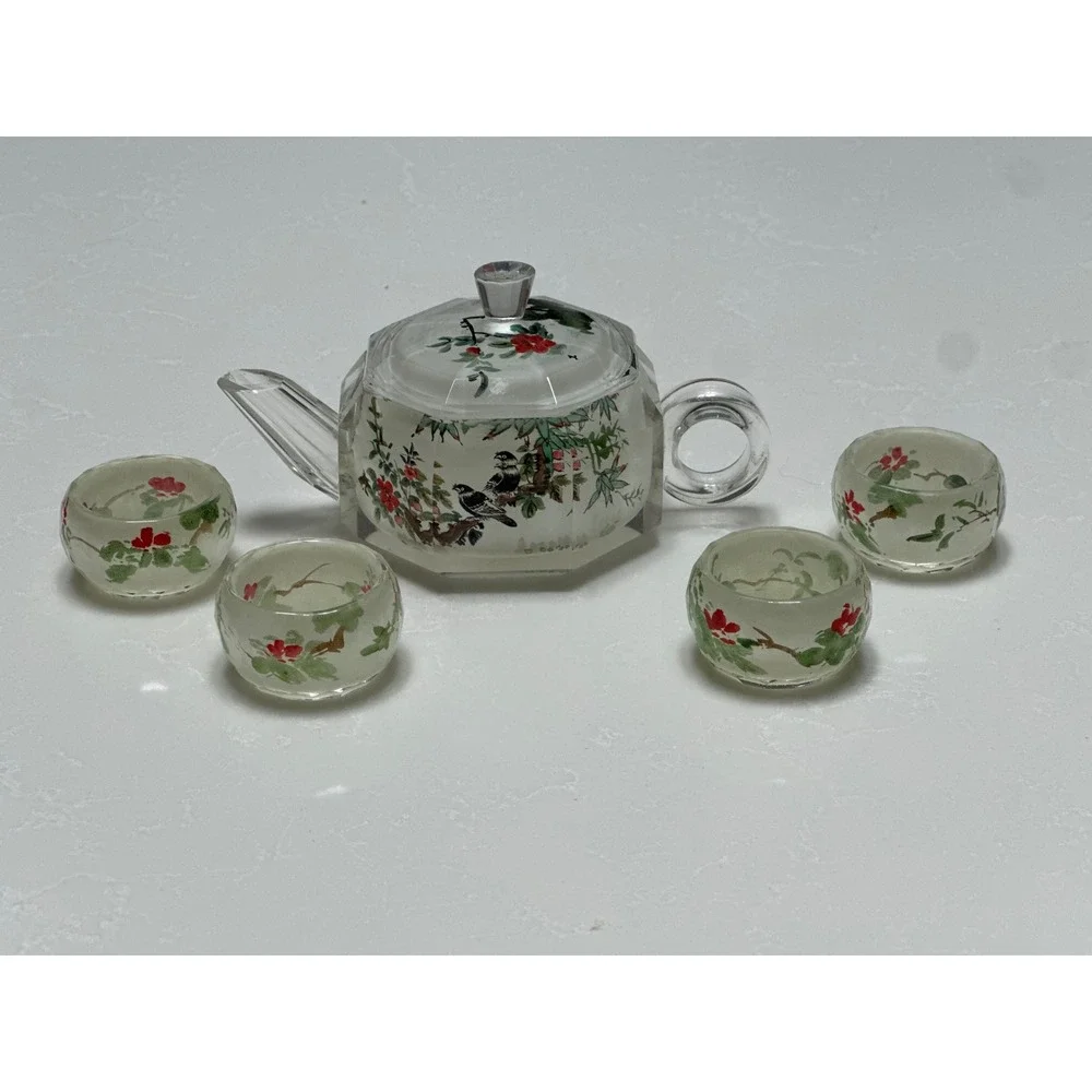 Vintage Cut Glass Miniature Tea Set‎ Teapot 4 Cups Bird Floral Motif Chinoiserie